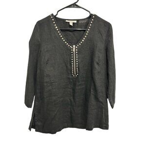 JM Collection Black Linen Tunic Top Rhinestone Detail Zipper Neck Size 8